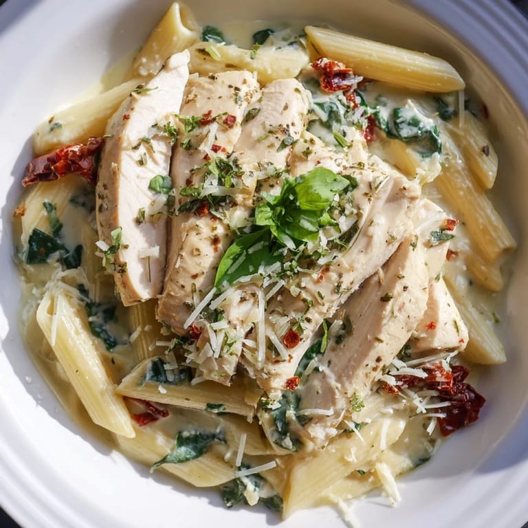 Imagine a vibrant bowl of Creamy Tuscan Chicken Pasta, a savory delight with fresh basil garnish.