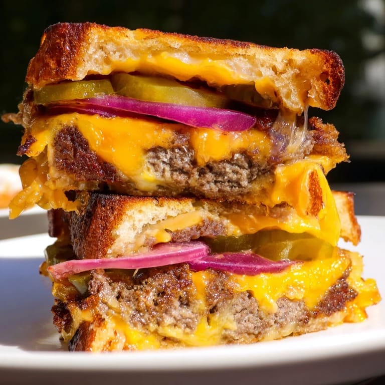 Crispy, golden-brown Smashed Burger Grilled Cheese, ready to be sliced and devoured.