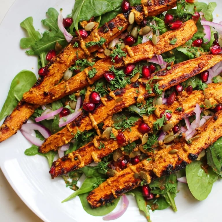 A fresh, vegan roasted carrot salad topped with pomegranate seeds and tahini-lemon dressing; delicious!