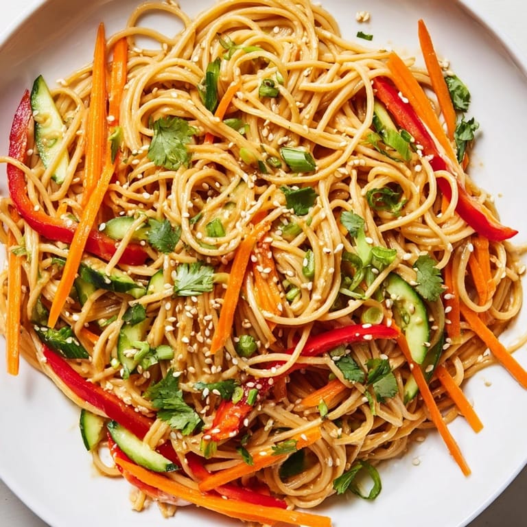 Ready to eat, this Garlic Noodle Salad includes fresh cilantro and sesame seeds for flavor.