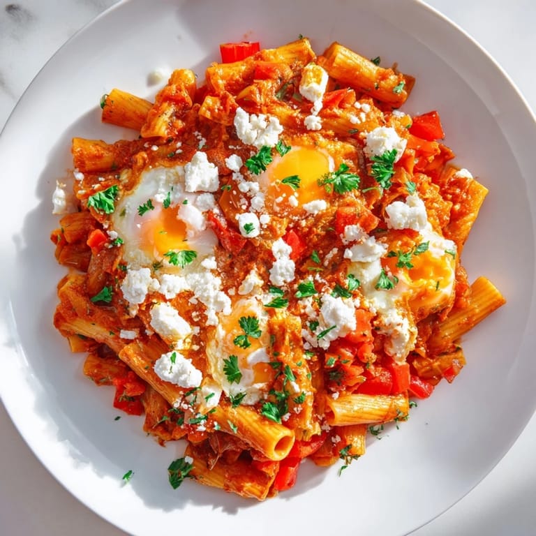 Savory Quick Shakshuka Pasta with fresh herbs and a creamy finish, perfect for dinner.