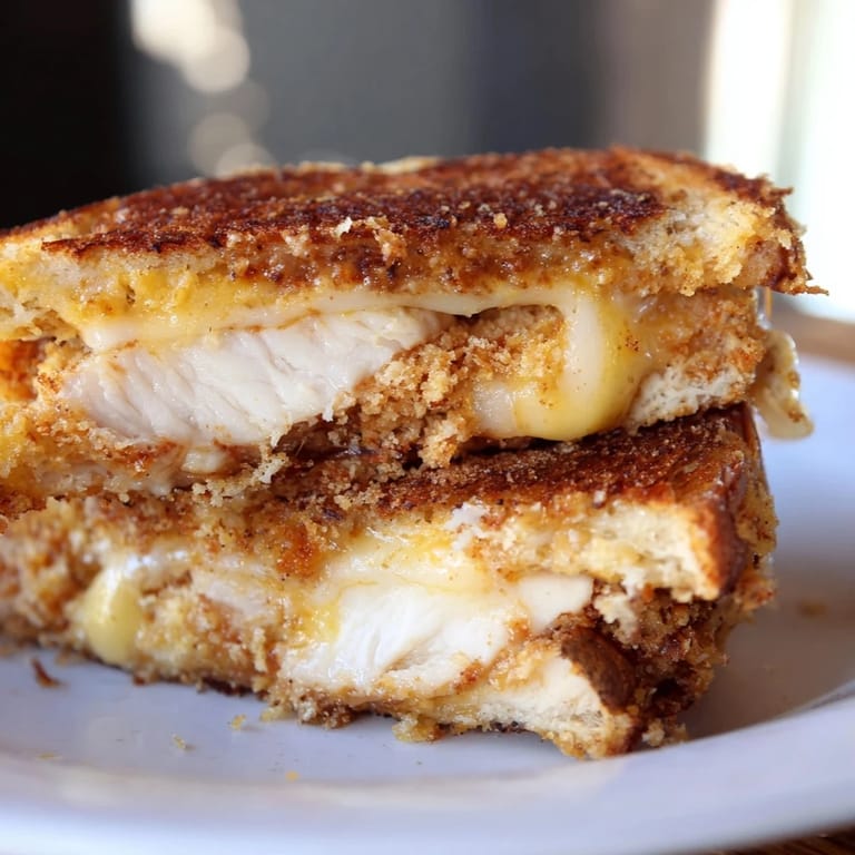 Melted cheese spills over the edges of a grilled cheese surrounding the Crispy Parmesan Chicken Thighs.