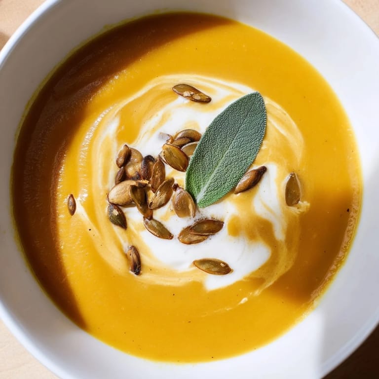 Velvety smooth butternut squash soup with a swirl of cream, perfect for a chilly day.