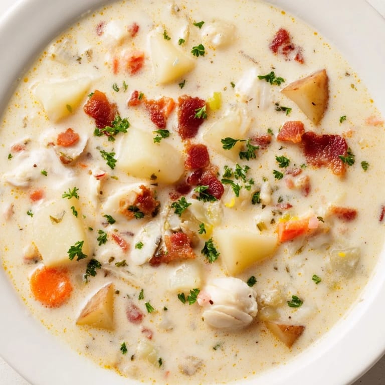 Thick and creamy New England Clam Chowder, showcasing tender clams and hearty potatoes in a bowl.