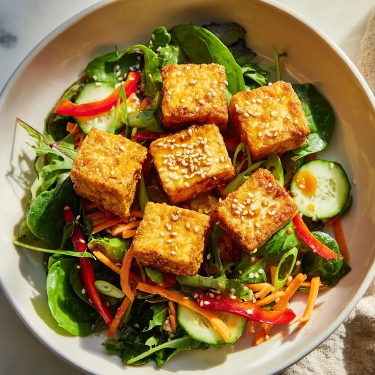 Enjoy this easy-to-make Crispy Tofu Salad, showcasing beautifully fried tofu and a tangy dressing.