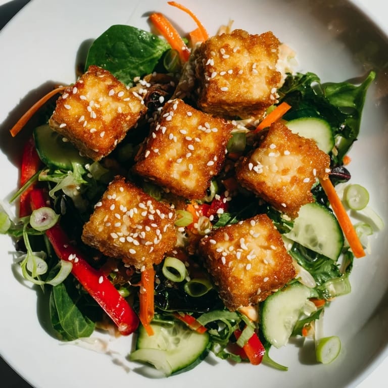 A fresh, vegetarian Crispy Tofu Salad featuring golden, fried tofu, perfect for a healthy lunch.