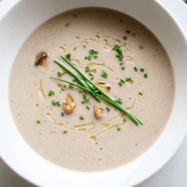 A close-up view of the rich, velvety creamy mushroom bisque, ideal for a comforting lunch.