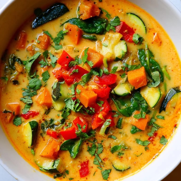 Close-up of a flavorful bowl of Lentil Red Curry Soup featuring vibrant vegetables and lentils.