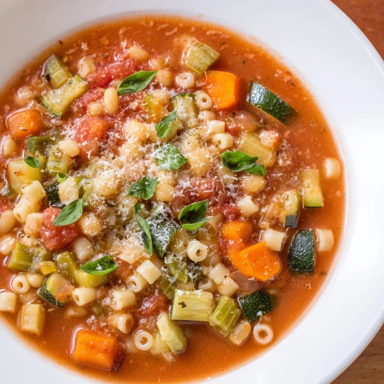 Fresh, vibrant photo of Tomato Basil Minestrone, garnished with fresh herbs alongside Parmesan.