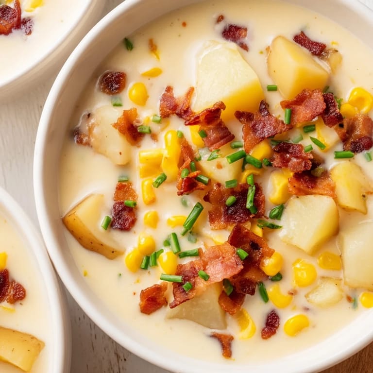 A steaming bowl of comforting Corn Chowder, featuring tender potatoes and a rich, creamy texture for chilly nights.