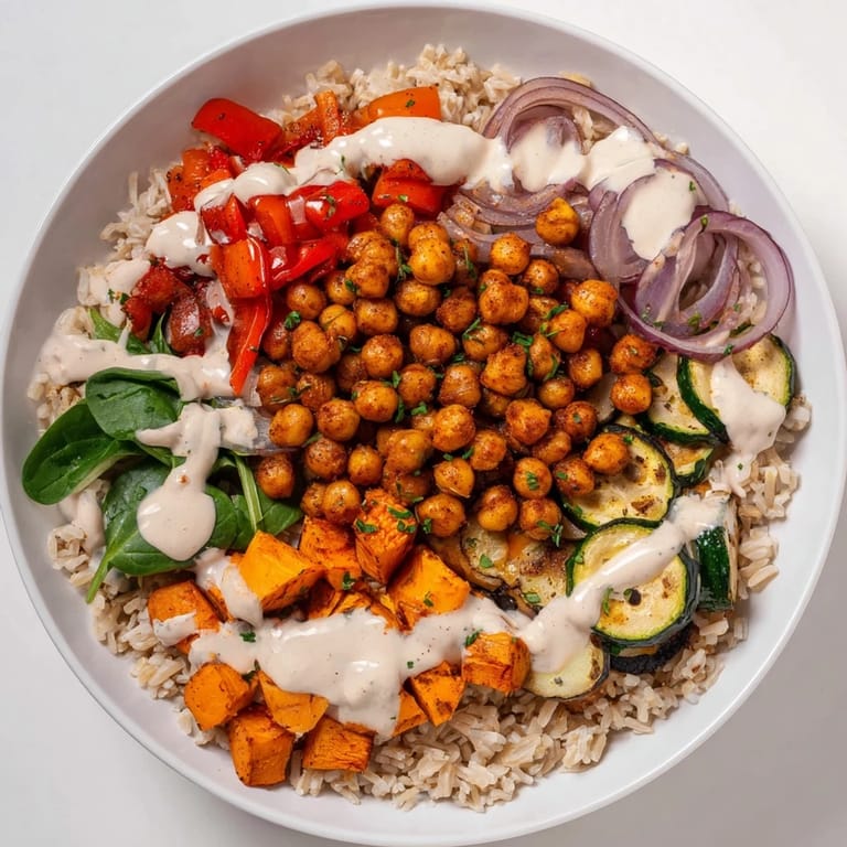 Golden roasted chickpeas nestled atop a bed of fluffy rice in this vibrant Roasted Chickpea Buddha Bowl.