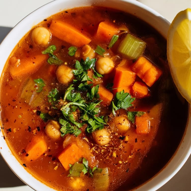 Close-up of a flavorful North African Harira Soup, showcasing the tender lentils and warming spices.