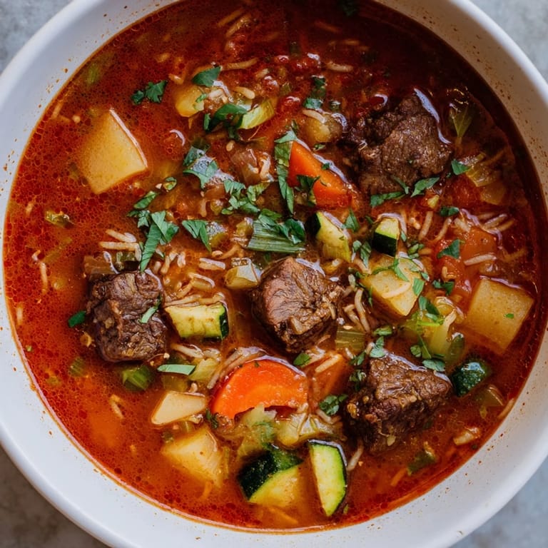 Enjoy a vibrant, close-up view of Algerian Chorba – a hearty, spiced soup, perfect for a cold evening.