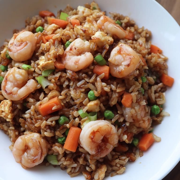 Perfectly seasoned Shrimp Garlic Fried Rice is piled high on a plate, garnished with scallions and lime wedges.