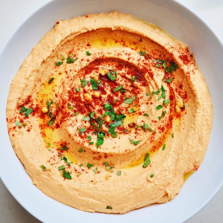 Creamy, smoky Roasted Red Pepper Hummus served as a dip with crunchy carrot sticks and crispy pita chips on a rustic table.