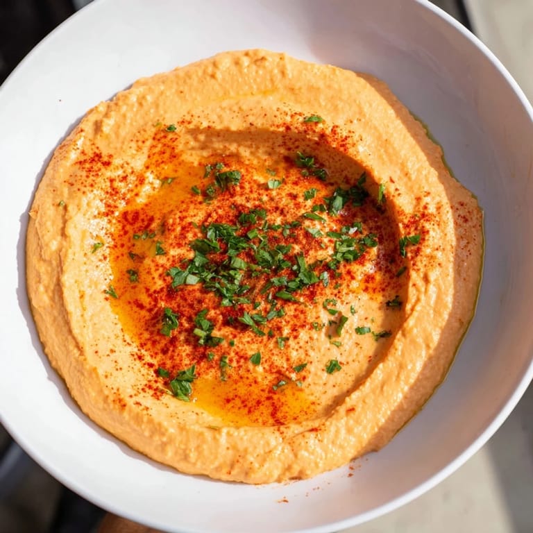 Homemade Roasted Red Pepper Hummus spread on a cracker, showcasing its smooth texture and bright, roasted vegetable flavor.