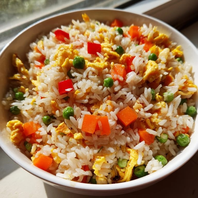 Steaming bowl of classic Egg Fried Rice garnished with fresh scallions and sesame seeds.  
