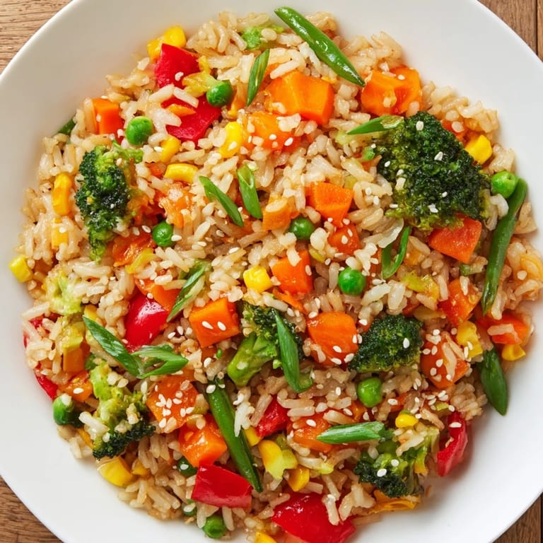 Stir-fried vegetable fried rice in a skillet, steam rising from the hot, fluffy jasmine rice mixed with crisp, colorful garden veggies.