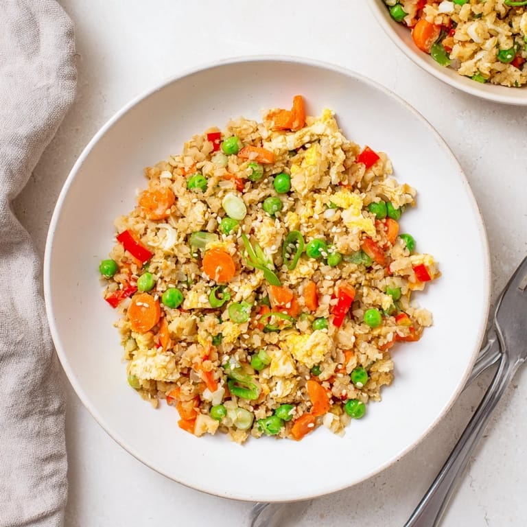 A close-up of savory cauliflower fried rice shows tender grains, minced garlic, and grated ginger ready to be served.