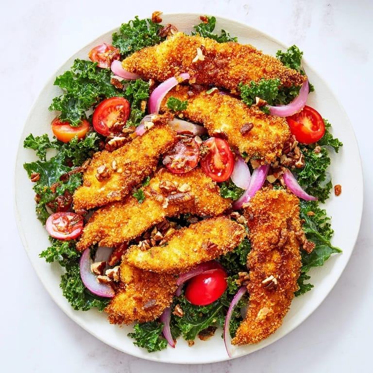 Hearty Crispy Chicken Kale Salad with juicy breaded chicken, fresh kale, cherry tomatoes, red onion, and toasted pecans on a rustic wooden table.  