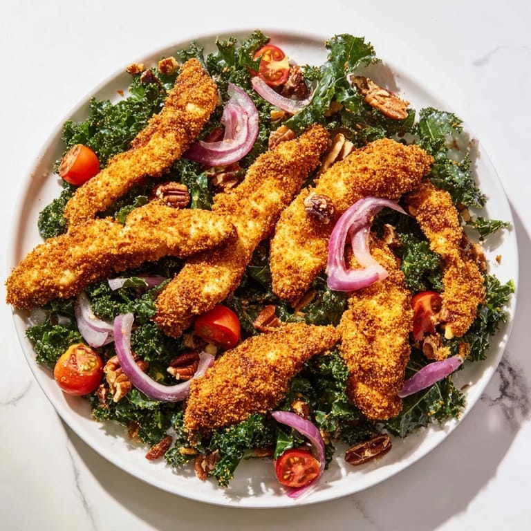 Serving suggestion for Crispy Chicken Kale Salad, featuring golden chicken strips atop dressed kale, with a fork ready to lift a colorful bite.
