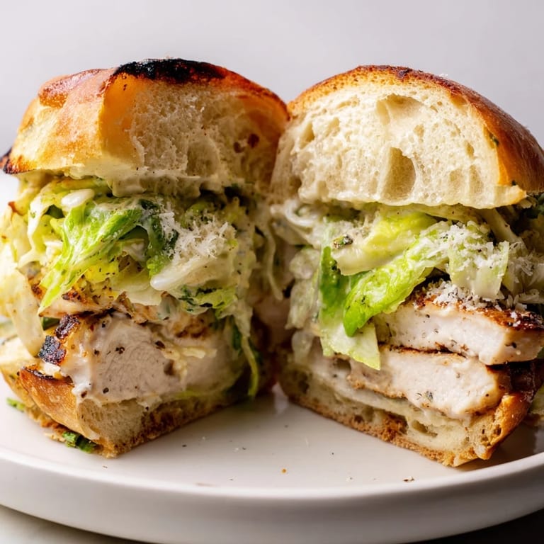 A close-up of a Caesar Chicken Sandwich with juicy chicken, shaved Parmesan, and vibrant romaine lettuce inside.  