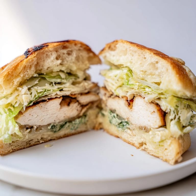 Ready-to-eat Caesar Chicken Sandwich, featuring golden grilled chicken and fresh toppings on a soft, toasted bun.