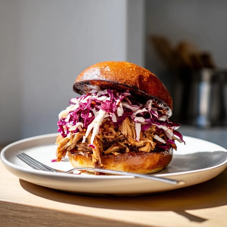 Golden brioche buns holding smoky pulled barbecue chicken and bright, crisp slaw, perfect for a hearty lunch.