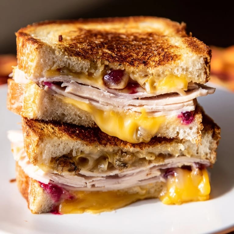 A close-up of a buttery smoked turkey grilled cheese sandwich on a wooden board with a cranberry sauce jar nearby.