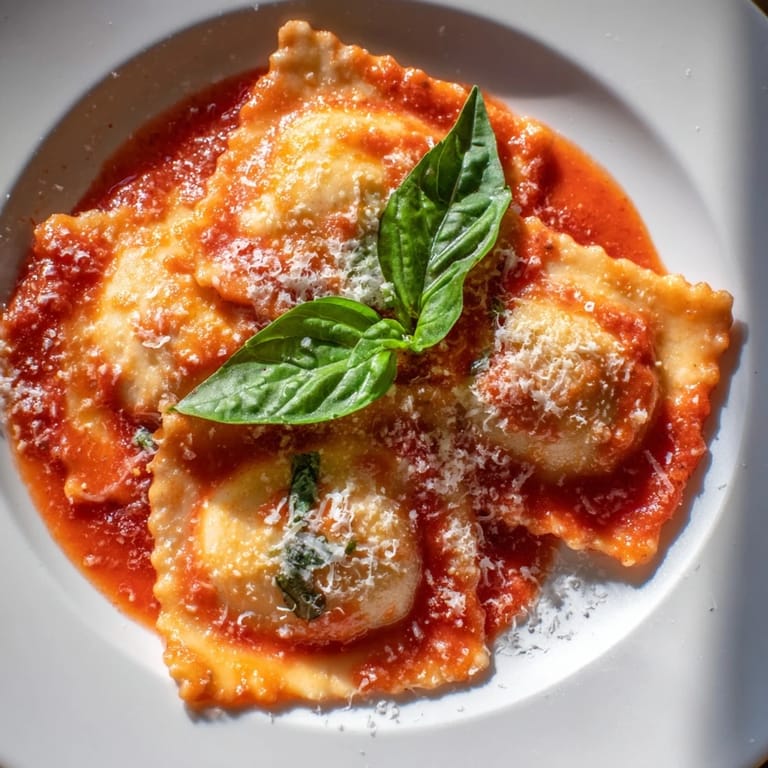 Al dente Spinach Ricotta Ravioli topped with marinara, Parmesan, and fresh basil for a bright finish.