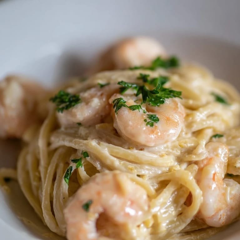 Savory Creamy Garlic Shrimp Pasta served steaming hot, paired with a crisp white wine for an elegant weeknight meal.