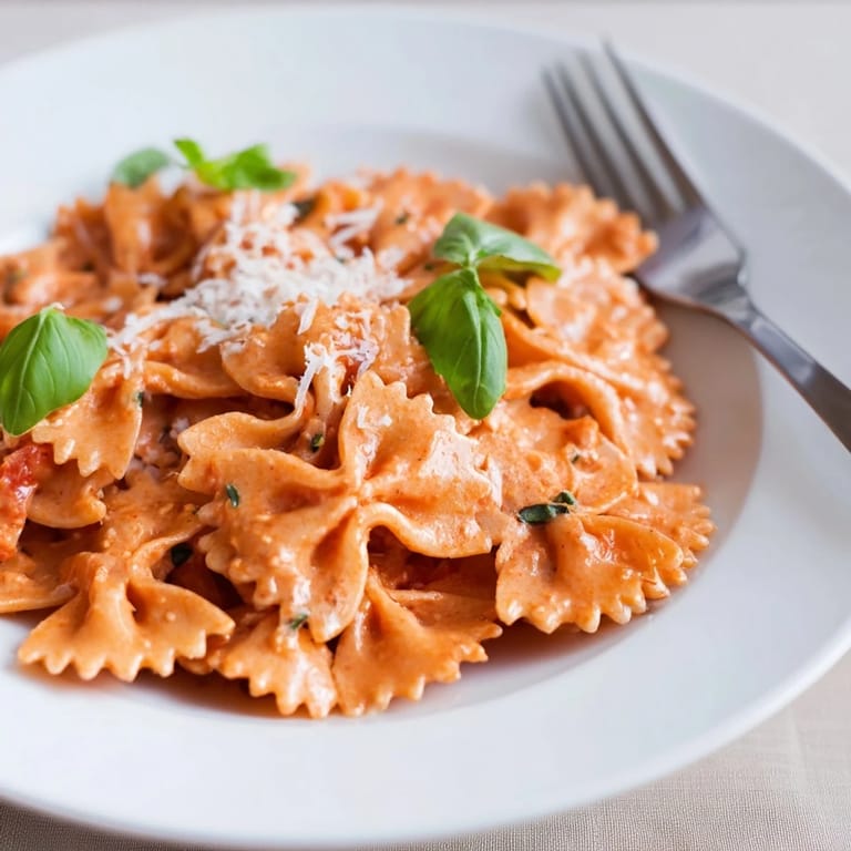 A close-up of steaming Tomato Basil Bowtie Pasta served in a white bowl, showcasing rich red sauce clinging to each al dente bowtie.  