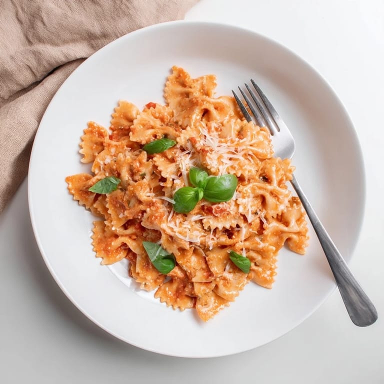 Homemade Tomato Basil Bowtie Pasta plated with a side salad and garlic bread, perfect for a comforting vegetarian weeknight dinner.