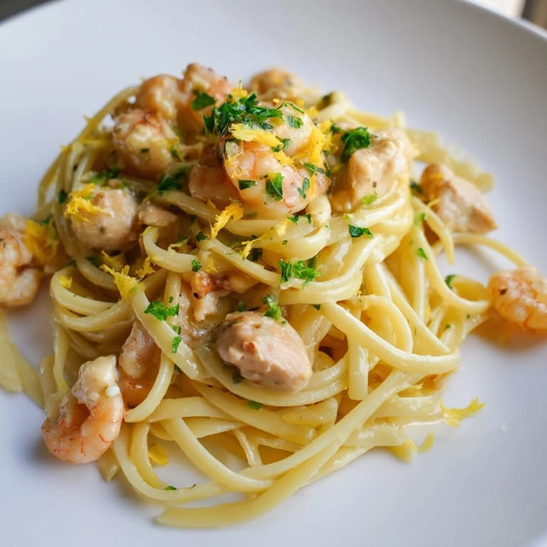 Fresh parsley and lemon zest garnish this skillet Lemon Garlic Shrimp & Chicken Pasta, served steaming hot in a rustic white bowl.