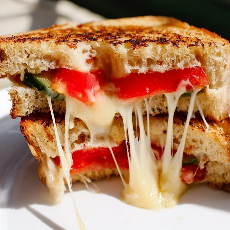 Pepper Jack & Tomato Grilled Cheese halves on a rustic cutting board, highlighting the spicy, melty interior and crispy crust.
