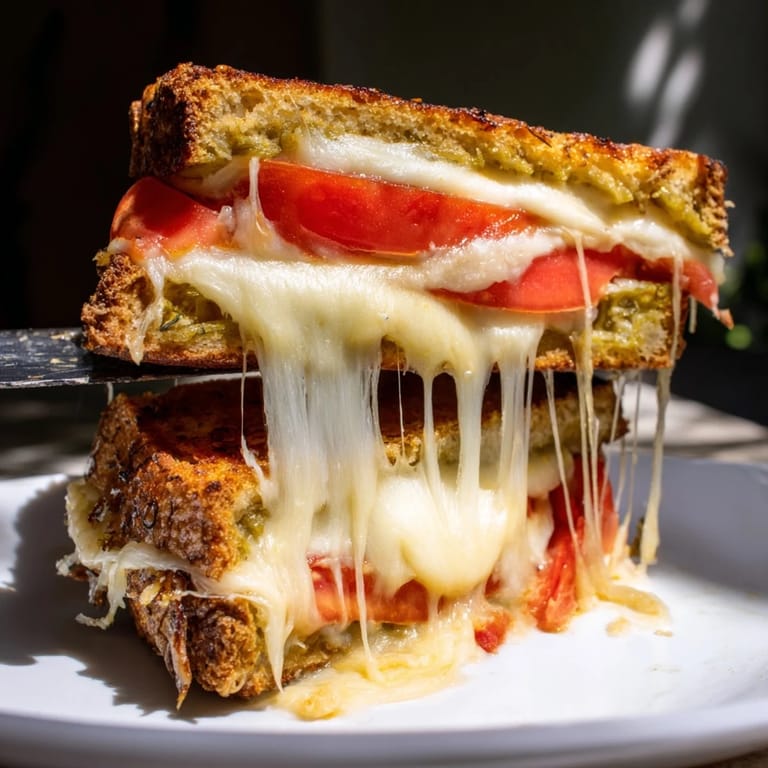 A close-up of Pepper Jack & Tomato Grilled Cheese, revealing gooey melted cheese and juicy tomato slices on buttery jalapeño bread.