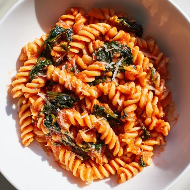 Serving suggestion for Tomato Spinach One-Pot Rotini topped with grated Parmesan cheese, accompanied by a slice of crusty bread and a crisp green salad.