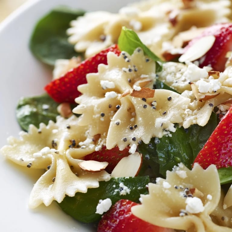 Spring Spinach Strawberry Pasta Salad served in a white bowl, garnished with crumbled feta and fresh basil leaves.