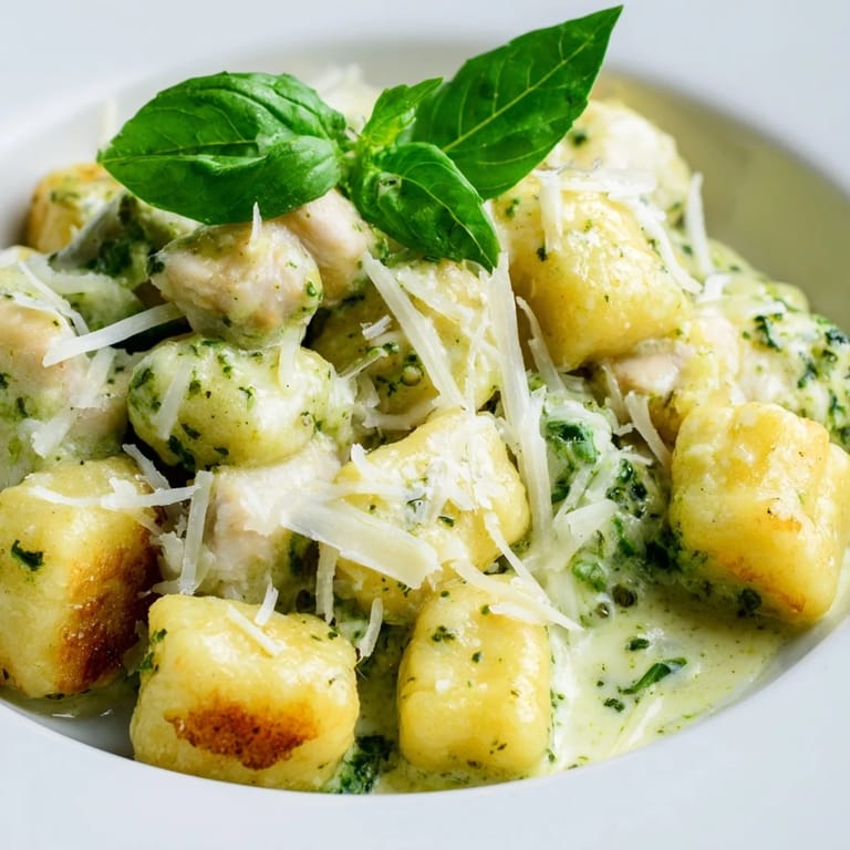 Warm bowl of pesto gnocchi with chicken, fresh basil leaves, and extra Parmesan, paired with a glass of white wine.