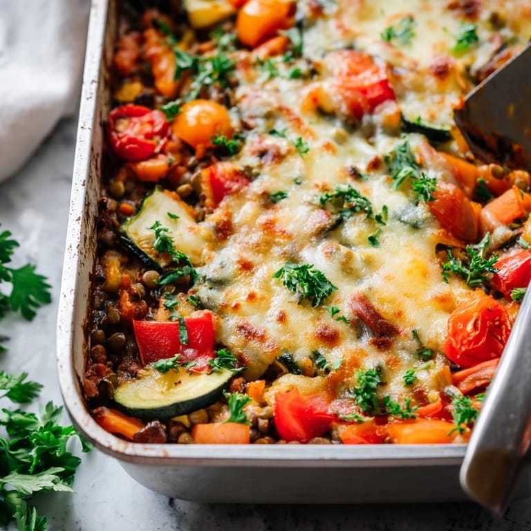The finished Green Lentil and Vegetable Casserole sits on a rustic wooden table, garnished with fresh parsley and served alongside a slice of crusty bread.