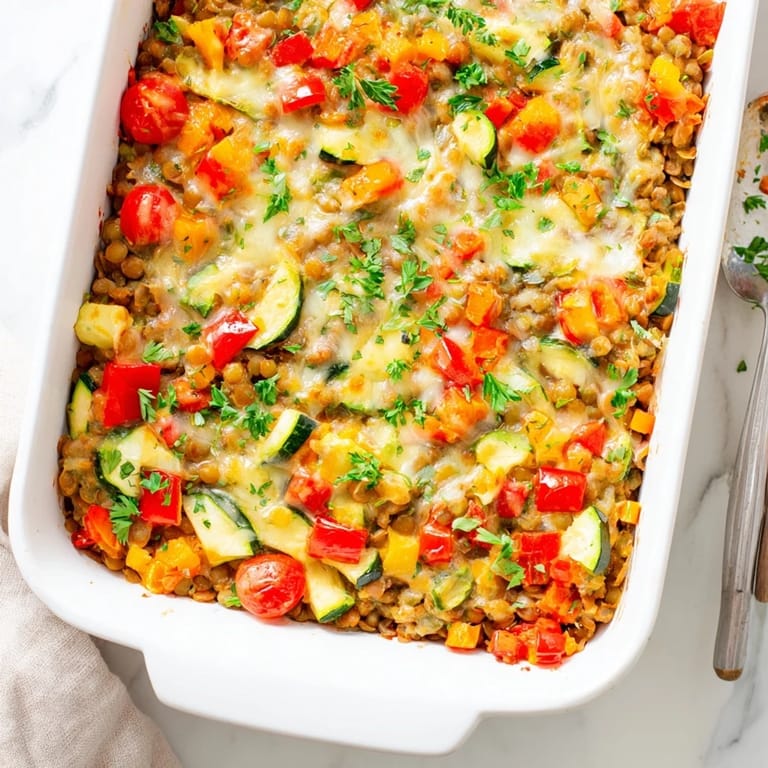 A hearty scoop of Green Lentil and Vegetable Casserole is lifted from the baking dish, revealing colorful layers of zucchini, bell peppers, and lentils.