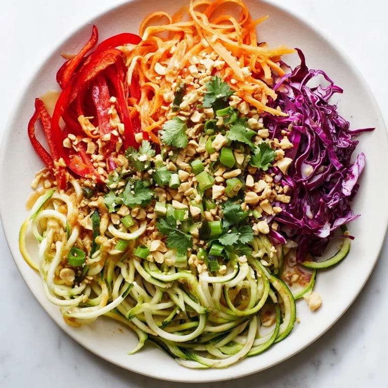 This vibrant Raw Vegetable Noodle Salad features crisp spiralized veggies and fresh cilantro, served in a white bowl.  