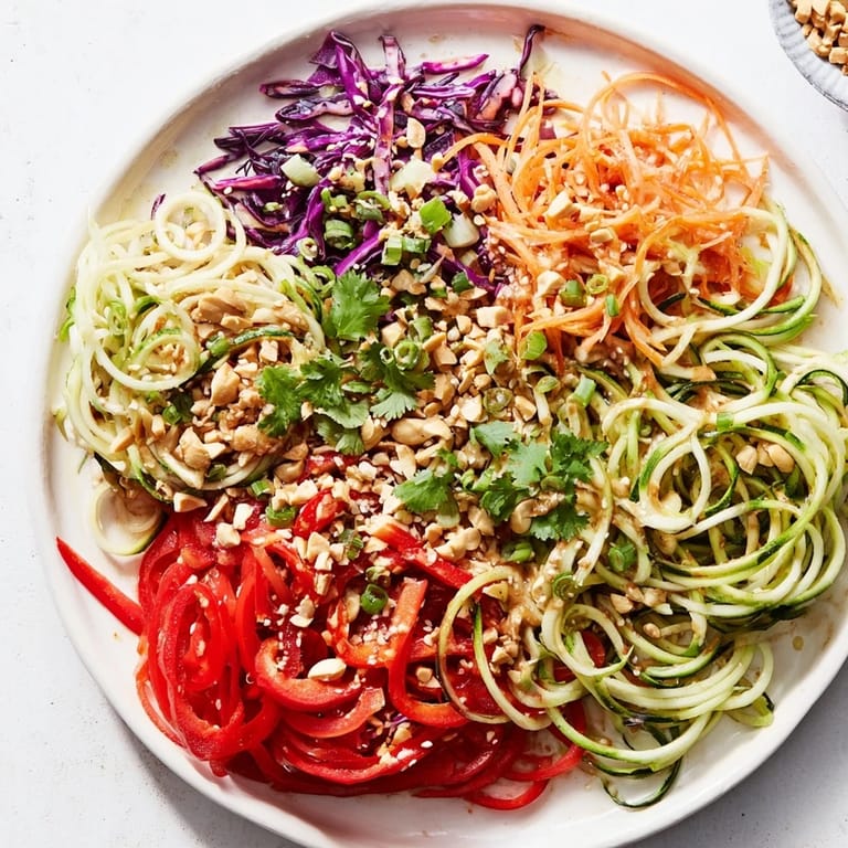 Colorful Raw Vegetable Noodle Salad with spiralized zucchini, carrots, and red cabbage, garnished with toasted sesame seeds and peanuts.