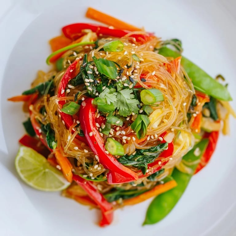 Healthy Kelp Noodle Stir-Fry served in a white bowl, garnished with fresh cilantro and lime wedges.