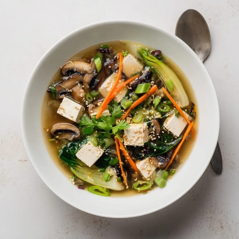 A close-up of Tofu and Vegetable Soup shows crisp red bell peppers and tender carrots nestled with silken tofu in a savory, gingery broth.