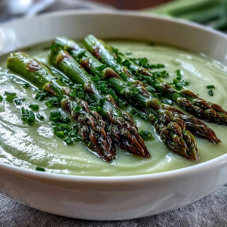 A bowl of creamy Asparagus Soup topped with tender blanched tips and fresh chives for a fresh garnish.