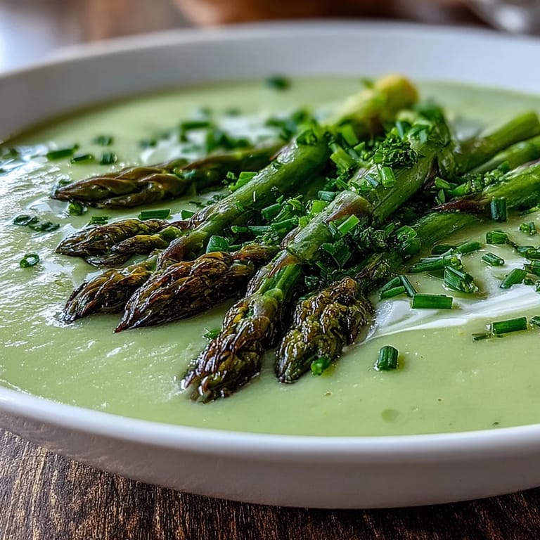 Homemade Asparagus Soup steaming in a rustic ceramic bowl, ready to pair with crusty bread and white wine.