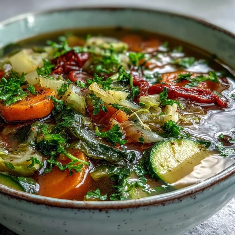 Healthy bowl of Cabbage Soup with red bell pepper and diced tomatoes, steaming hot and ready to enjoy with a slice of crusty bread.