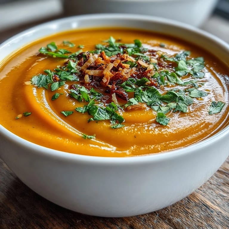 Steaming Carrot and Coconut Soup in a rustic pot, served with crusty bread alongside.