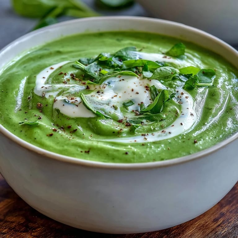 A large pot of vibrant green Spinach Soup being blended with an immersion blender, showcasing its smooth texture.